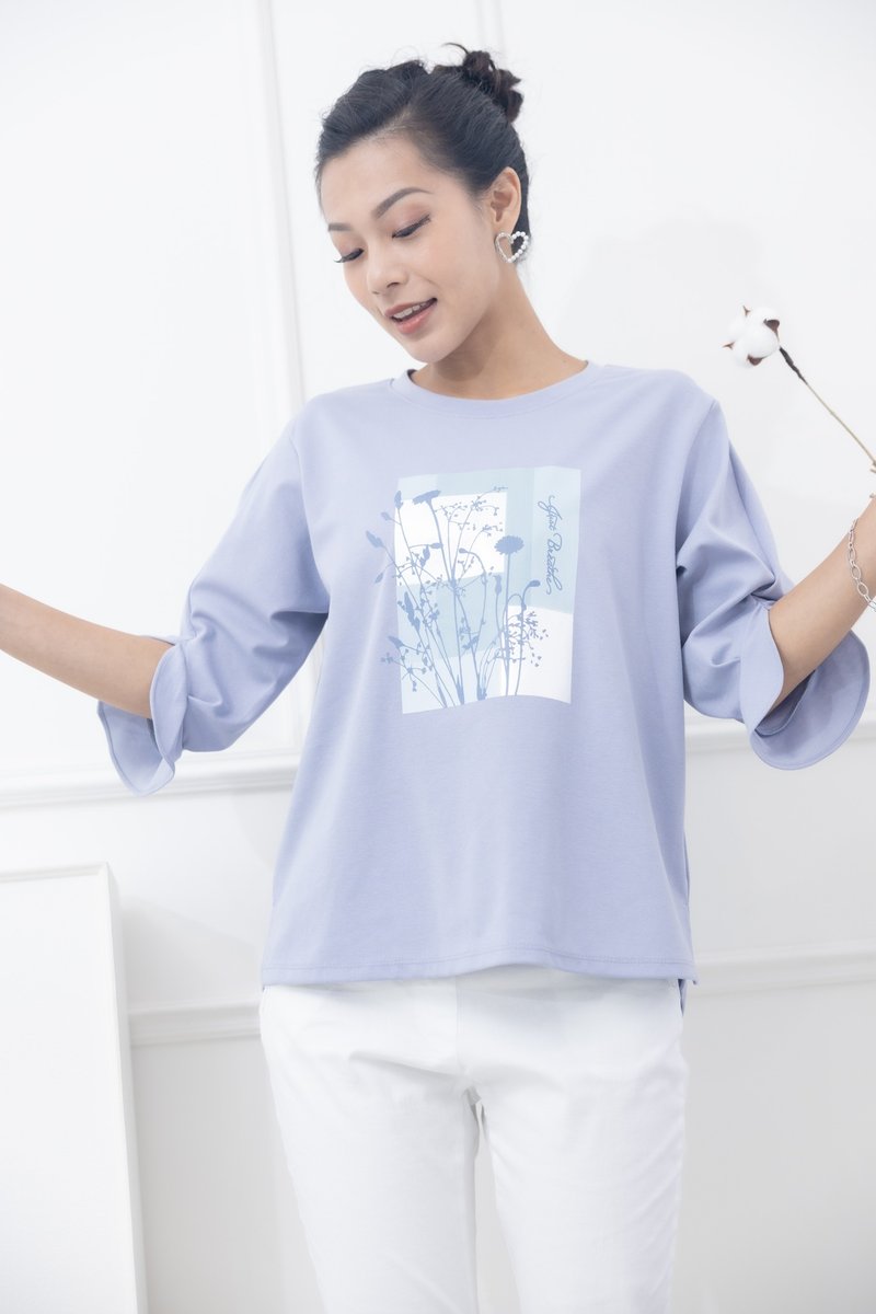 胸前枝葉方塊圖袖口特殊開衩上衣 藍色 - 女 T 恤 - 其他材質 藍色