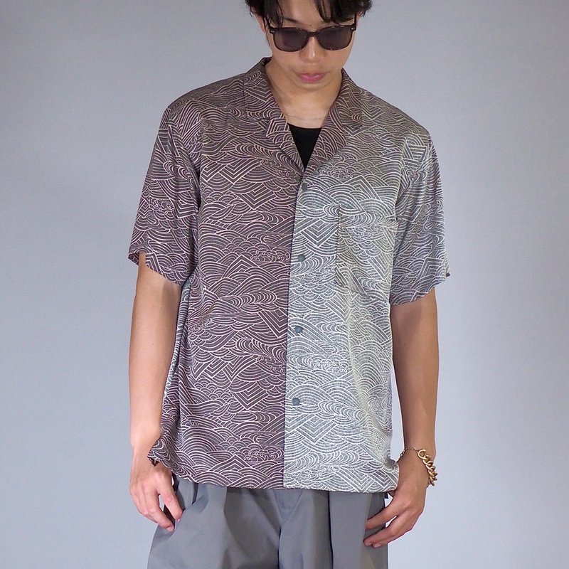 【日本製造】復古絲綢和服翻版、男士襯衫 M、半袖、按扣 - 男襯衫/休閒襯衫 - 絲．絹 灰色