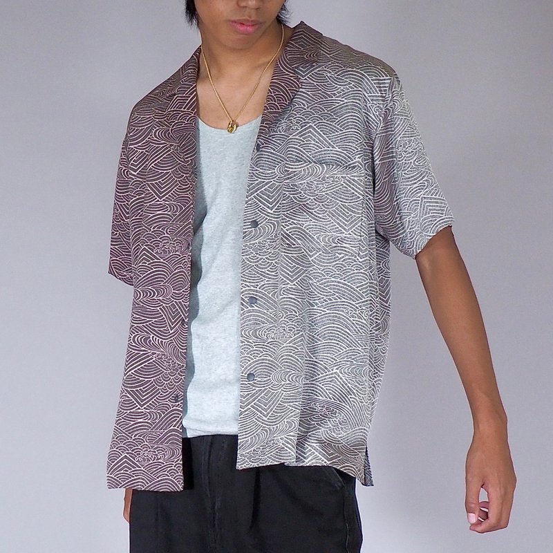 【日本製造】復古絲綢和服翻版、男士襯衫 M、半袖、按扣 - 男襯衫/休閒襯衫 - 絲．絹 灰色
