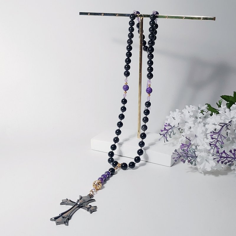 天然 黑髮晶 紫龍晶 寶石 玫瑰念珠 天主 聖物 十字架 項鍊 客製 - 項鍊 - 寶石 黑色