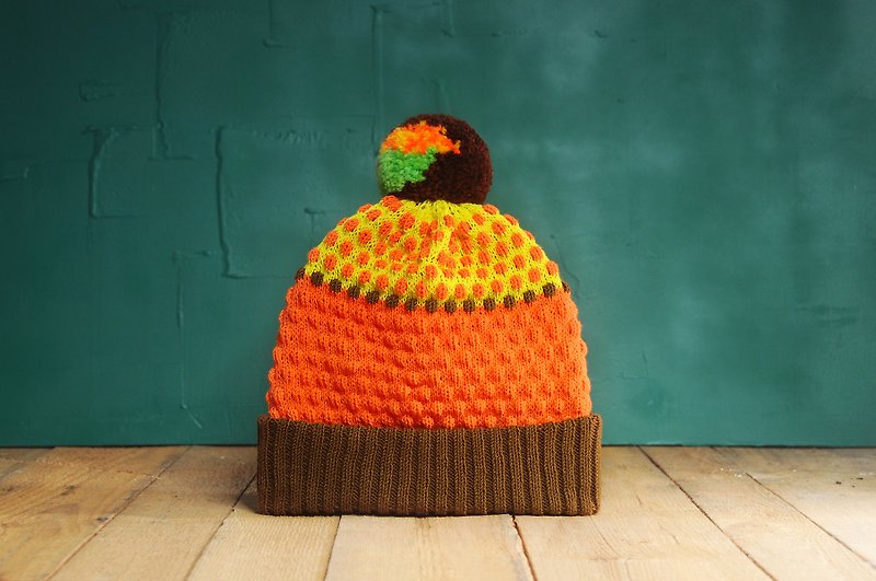 蜂蜜熊 可拆式毛球針織毛帽 - 帽子 - 壓克力 橘色