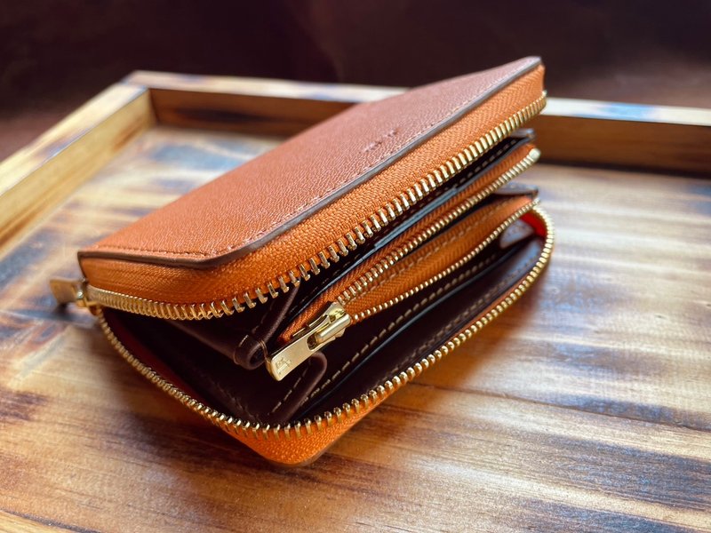 [VULCAN Zippered Coin Purse Wallet] Double zipper inside and outside French goatskin Italian vegetable tanned leather - Wallets - Genuine Leather Orange