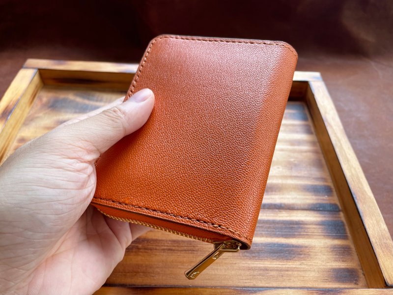 [VULCAN Zippered Coin Purse Wallet] Double zipper inside and outside French goatskin Italian vegetable tanned leather - กระเป๋าสตางค์ - หนังแท้ สีส้ม