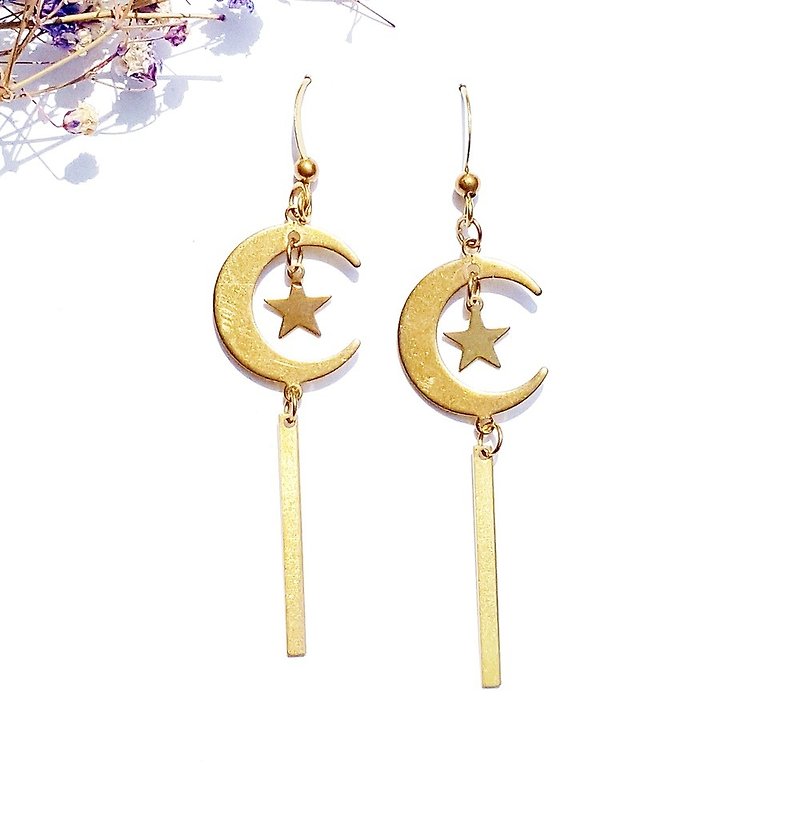 星空中的月光 黃銅耳環 極簡幾何 個性 情人節 生日禮物 客製 - 耳環/耳夾 - 銅/黃銅 黃色
