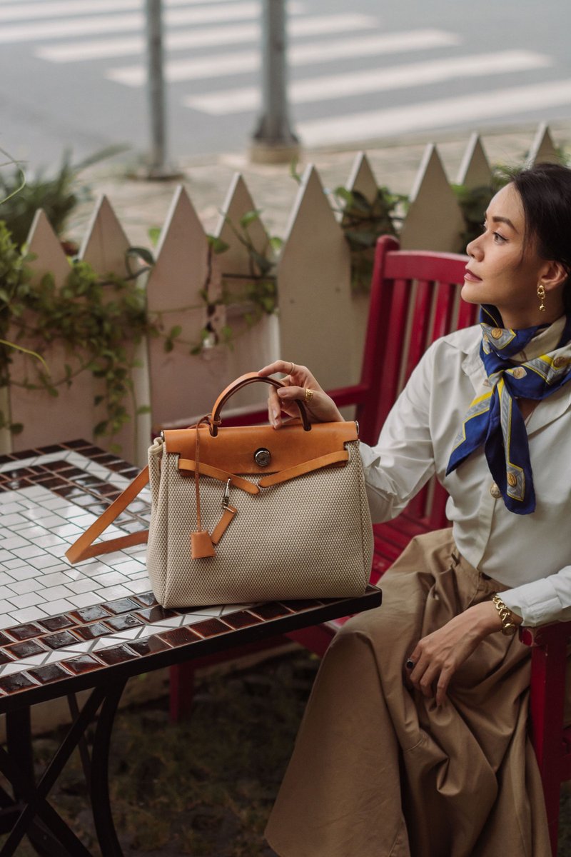 Hermes Herbag ZIip PM 銀色穿釦鎖頭造型手提/肩背包 - 手提包/手提袋 - 真皮 卡其色