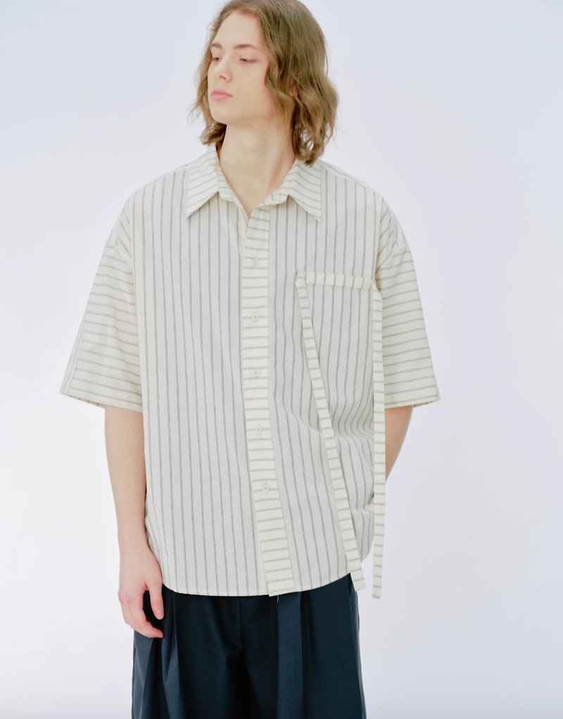 日本のレトロなストライプ半袖シャツ - シャツ メンズ - その他の素材 ホワイト