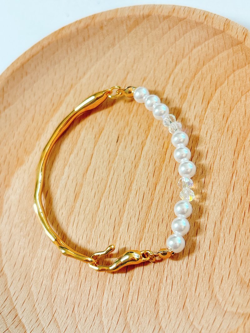 [French Elegance] Pearl Bracelet 14K Ring Chain Czech Imported Pearl Crystal Cut Beads - Bracelets - Pearl 