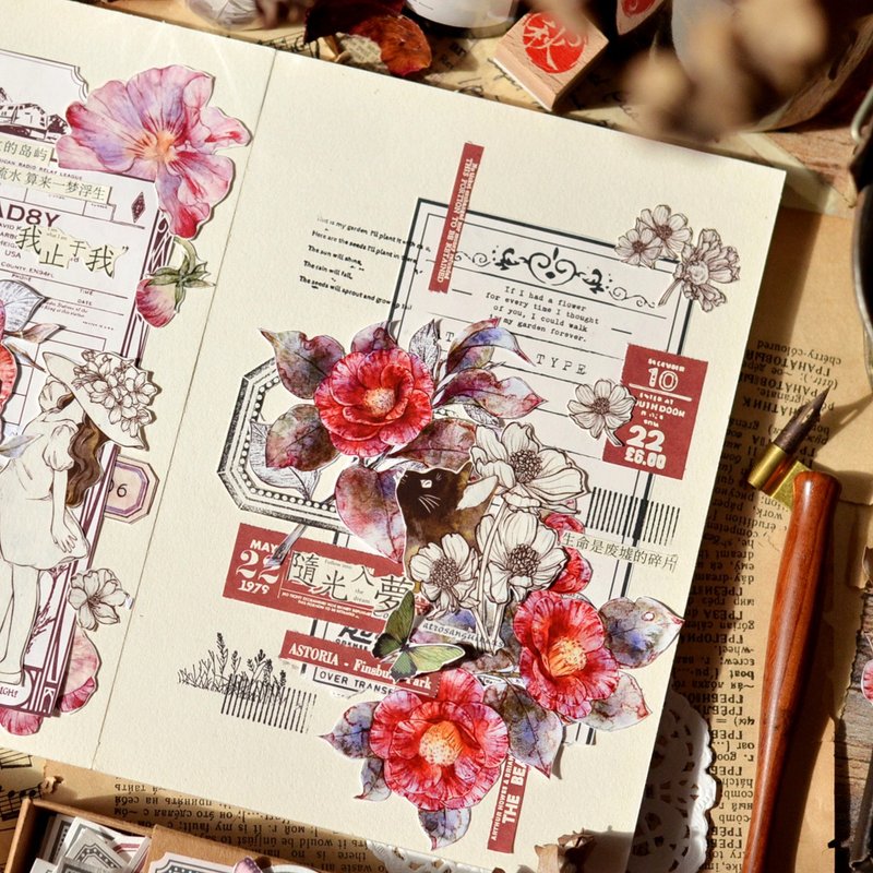 紅茶 レトロな大花柄 PET & 和紙マスキングテープ 超ロングリピート - マスキングテープ・PET テープ - その他の素材 レッド