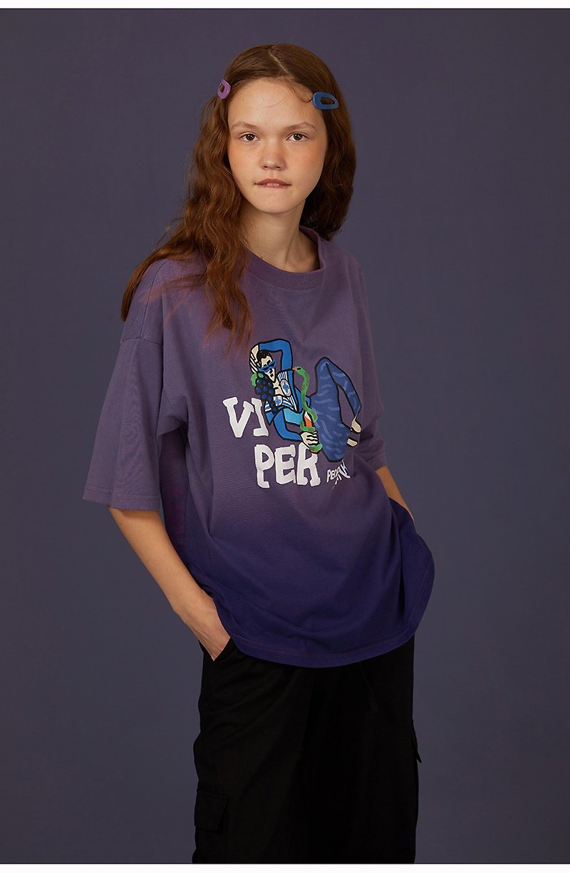 奇数メーカー紫グラデーション潮バージョンヴィンテージプリントラウンドネック半袖tシャツ女性 - Tシャツ - コットン・麻 