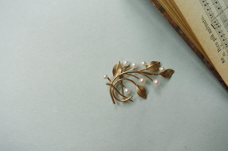 American antique brand Krementz freshwater pearl branch brooch - เข็มกลัด - ไข่มุก สีทอง