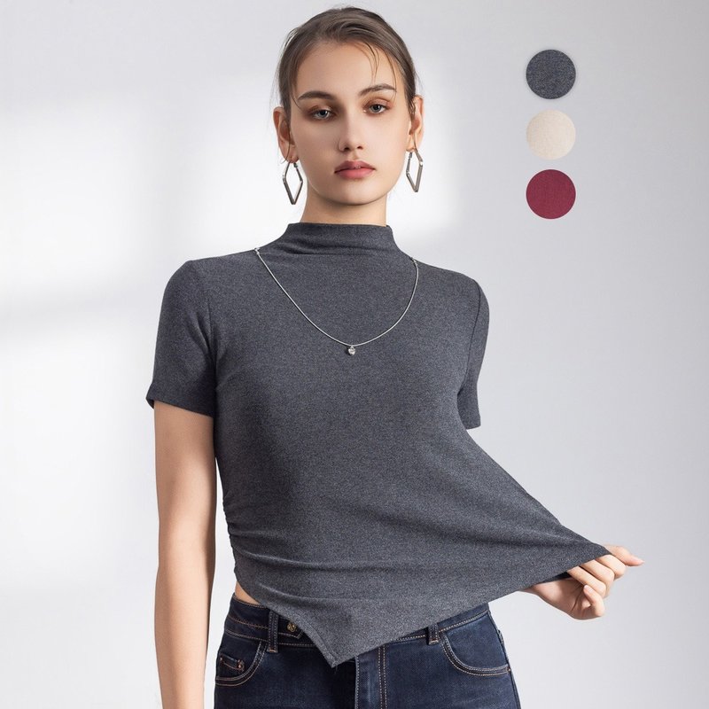 【ICare】半高領修身斜裁短袖上衣 - 3色(F) | 基本款 女短袖上衣 - 女上衣/長袖上衣 - 棉．麻 灰色