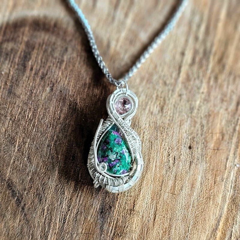 Teal Gemstone Silver Bronze braided pendant - สร้อยคอ - เครื่องเพชรพลอย 