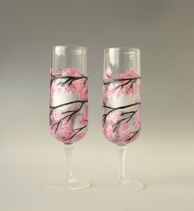 Sakura Glasses Champagne Wine Hand-painted set of 2 - แก้วไวน์ - แก้ว สึชมพู