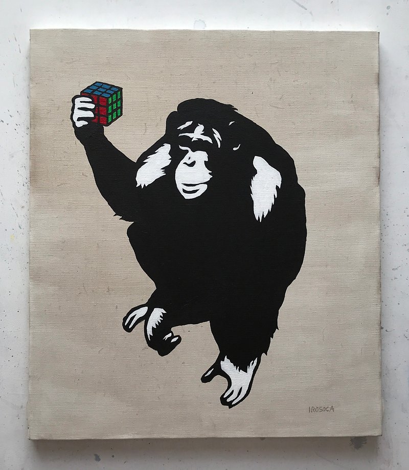 [IROSOCA] Chimpanzee canvas painting with EASY / Rubik's Cube F10 size original picture - โปสเตอร์ - วัสดุอื่นๆ สีดำ