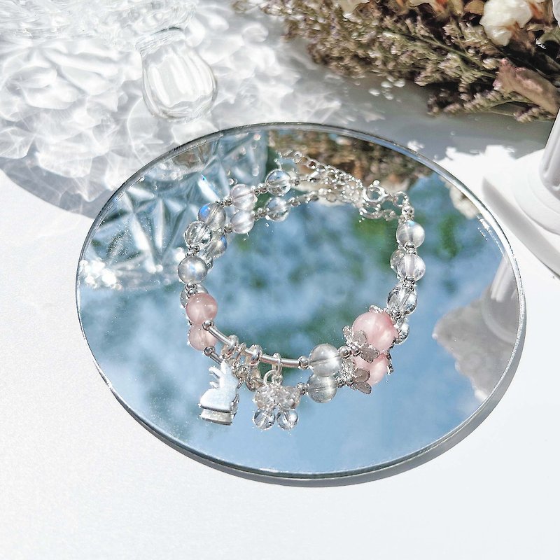 Pink Crystal Labradorite White Crystal S925 Sterling Silver Bunny Natural Crystal Bracelet - Bracelets - Crystal Multicolor