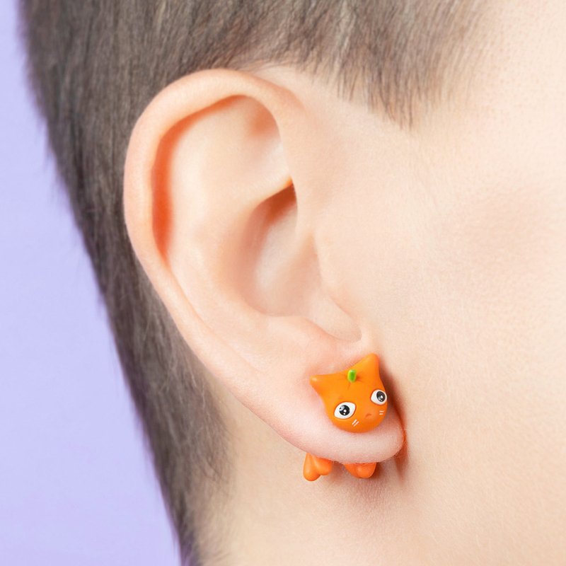 Pumpkin Cat Earrings - Cute Jewelry for Cat Lovers - Handmade Art - 耳環/耳夾/耳骨夾 - 其他材質 橘色