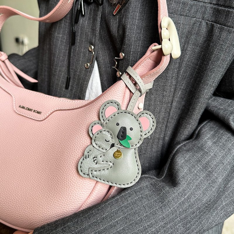 Koala Mother's Day pendant bag pendant keychain charm genuine leather custom handmade original - เชือก/สายคล้อง - หนังแท้ สีเทา