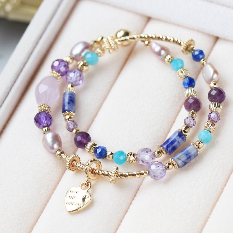 The light and shadow of St. Petersburg. Amethyst/Avenida Stone/Natural Pearl Magnetic Clasp Design Double Circle Crystal Bracelet - Bracelets - Gemstone Purple
