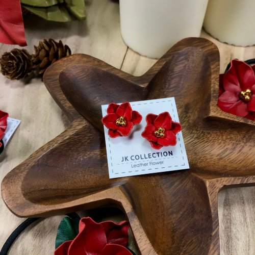 JK Collection 【聖誕禮物】迷你皮革聖誕花耳環│純銀耳鈎│耳針│鍍銀耳夾款式
