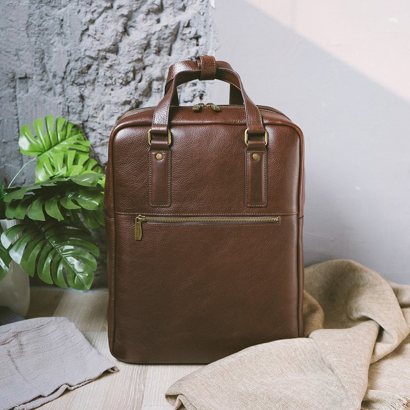 Genuine leather handsome simple backpack X1814 coffee - Messenger Bags & Sling Bags - Genuine Leather Brown