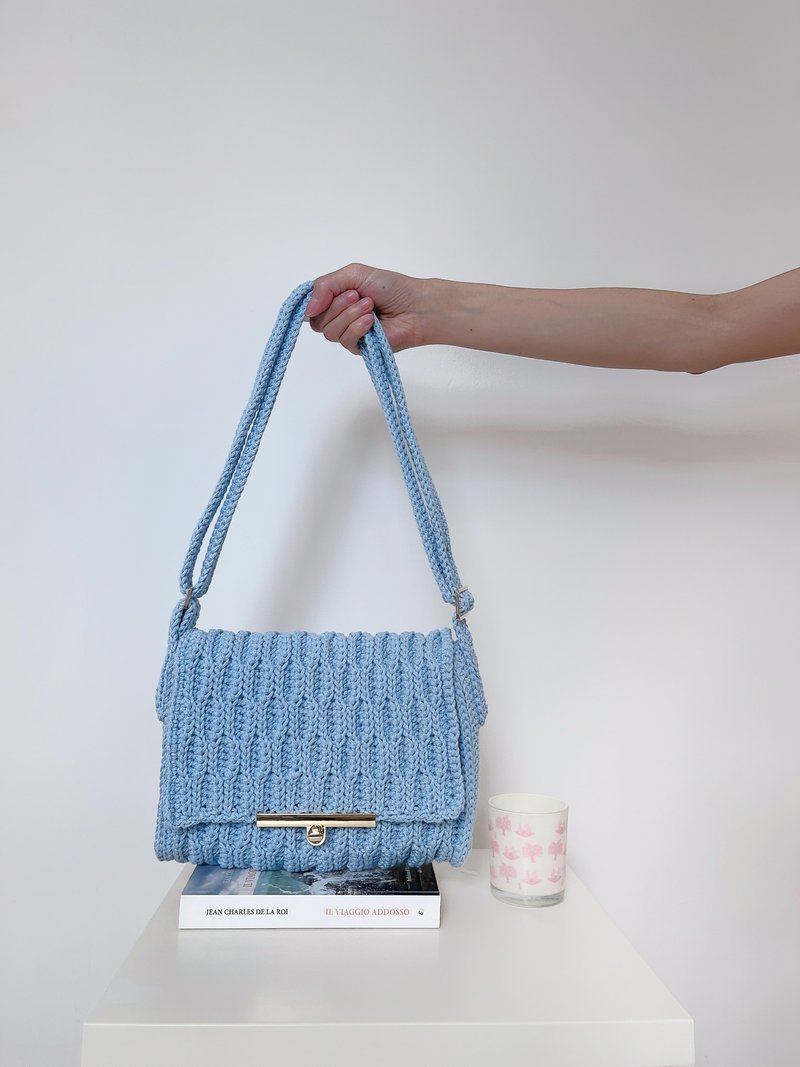 Handmade crochet Waves crossbody bag - baby blue knit cotton handbag purse - Messenger Bags & Sling Bags - Cotton & Hemp Blue