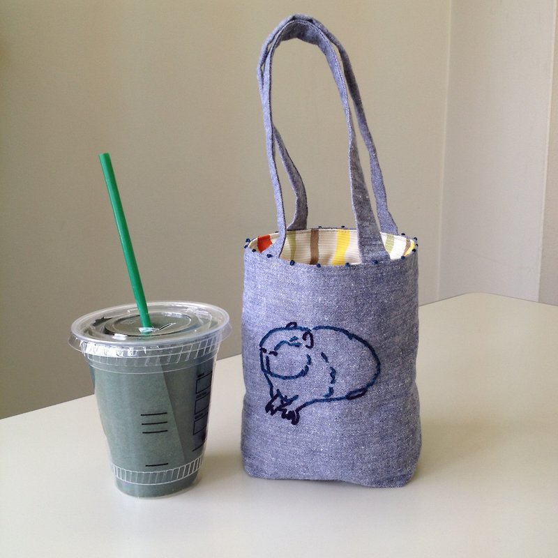 Cafe bag capybara mini tote - Handbags & Totes - Cotton & Hemp Blue