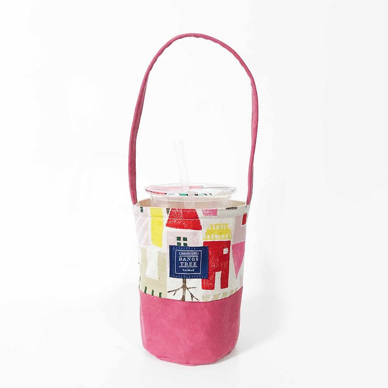 Drink bag - pink small house - ถุงใส่กระติกนำ้ - ผ้าฝ้าย/ผ้าลินิน สีแดง
