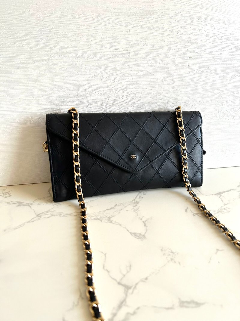 【LA LUNE】Rare second-hand Chanel black long clip wallet side shoulder shoulder cross-body clutch bag - Messenger Bags & Sling Bags - Genuine Leather Black