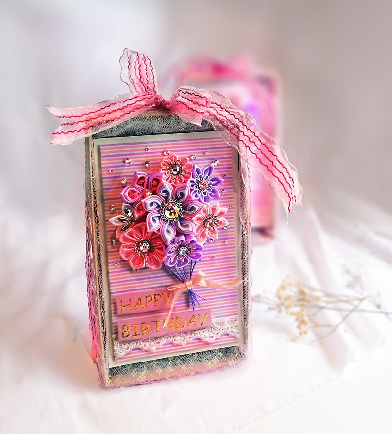 Birthday surprise ribbon eternal bouquet three-dimensional card handmade card gift box (birthday card, mother's day) - การ์ด/โปสการ์ด - พืช/ดอกไม้ สึชมพู