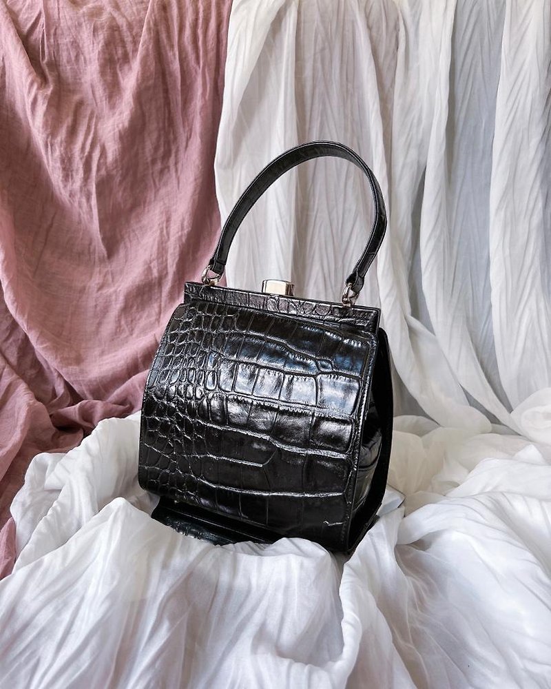 [Vintage Bag] Luciano Soprani Black Crocodile Leather Pattern Antique Bag丨Portable - Handbags & Totes - Genuine Leather Black