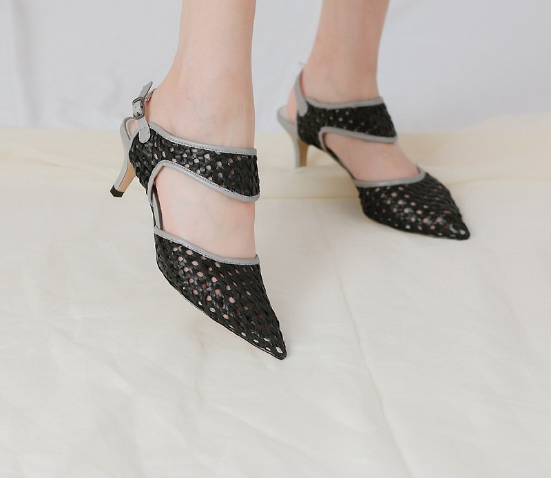 Leather rope woven hollow high heel leather sandals black - Sandals - Genuine Leather Black
