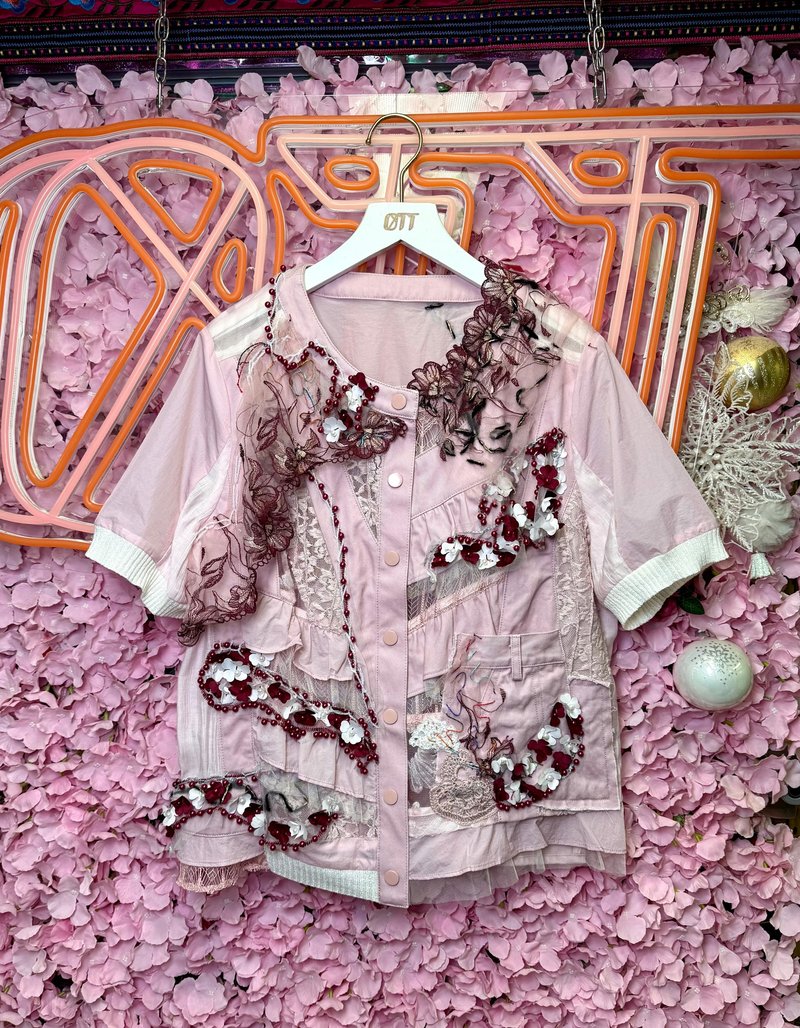 OTT獨一無二•Unique日系粉系重工牛仔風衣刺繡立體釘珠外套 - 女大衣/外套 - 棉．麻 粉紅色