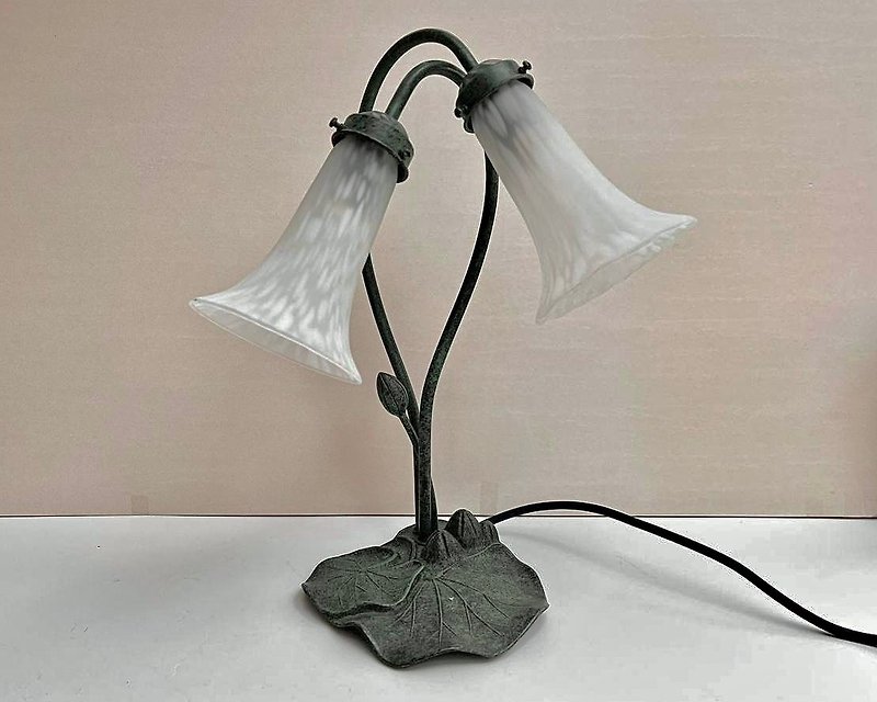 Vintage Metal Lily Pad Table Lamp with Two White Lily Shades, Belgium - Lighting - Other Metals Green