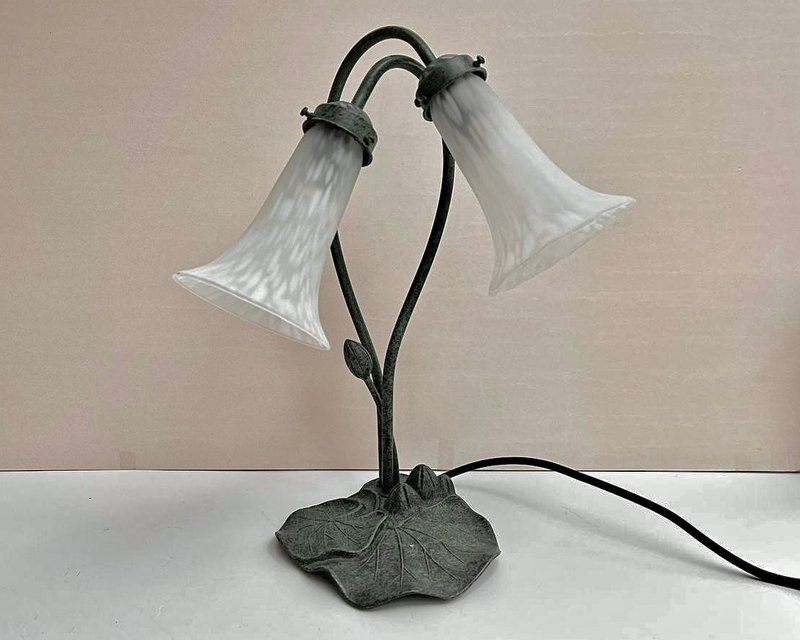 Vintage Metal Lily Pad Table Lamp with Two White Lily Shades, Belgium - Lighting - Other Metals Green