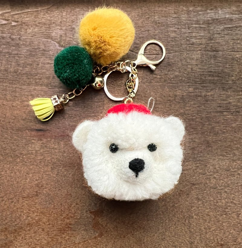 Beret Polar Bear Animal Yarn Ball Pendant Keychain Christmas Gift - พวงกุญแจ - ขนแกะ ขาว