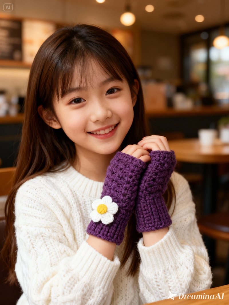 【鉤鉤手】紫羅蘭小雛菊鉤織半指手套 /可接單客制/ - 手套/手襪 - 棉．麻 