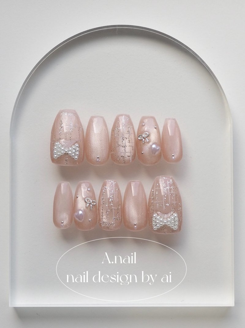 Pearl Ribbon Tweed – Pink Beige - 指甲油/指甲貼 - 其他材質 粉紅色