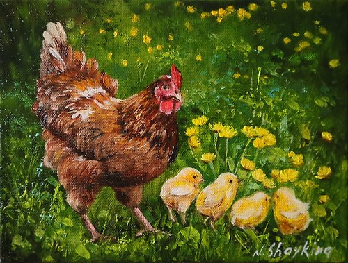 GalleryPaintingsArt Original Oil Painting Mother Hen and Baby Chicks, Chicken Animal Artwork Canvas