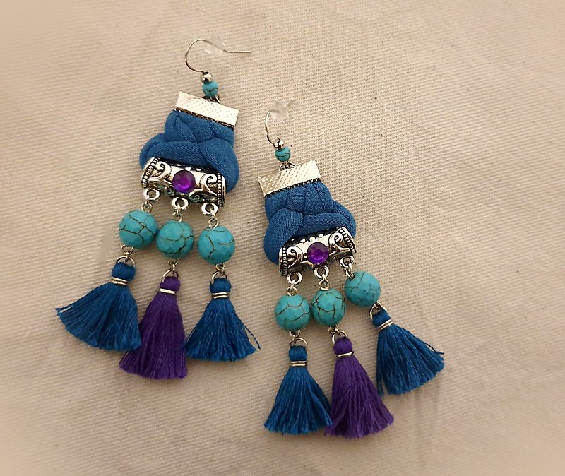 Turquoise Teal Purple Unique Boho Chandelier Tassel Earrings Bellydance Jewelry - 耳環/耳夾 - 環保材質 藍色