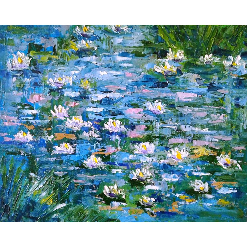 Water Lily Oil Painting Original Art, Monet Pond Landscape, Impasto Floral Art - 海報/掛畫/掛布 - 其他材質 多色