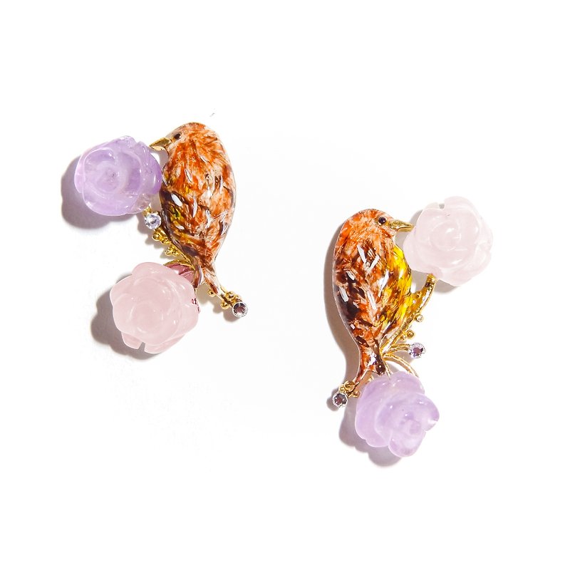Enamel crystal rose/orange moonstone and purple rose not paired with branch bird earrings pre-order - ต่างหู - วัตถุเคลือบ ขาว