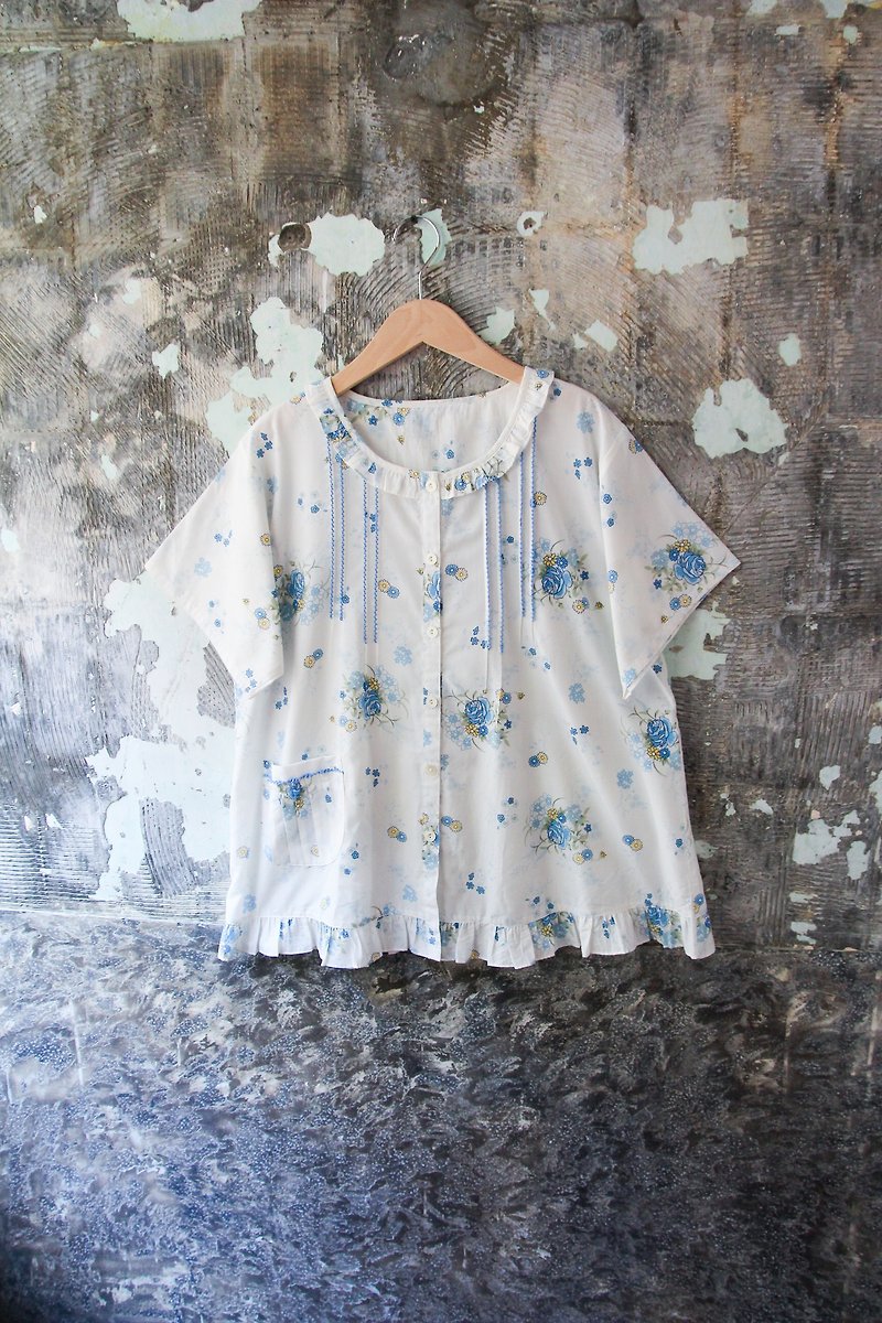 袅袅 department store -Vintage small lotus leaf piping blue pattern pajamas blouse retro - ชุดเดรส - ผ้าฝ้าย/ผ้าลินิน 