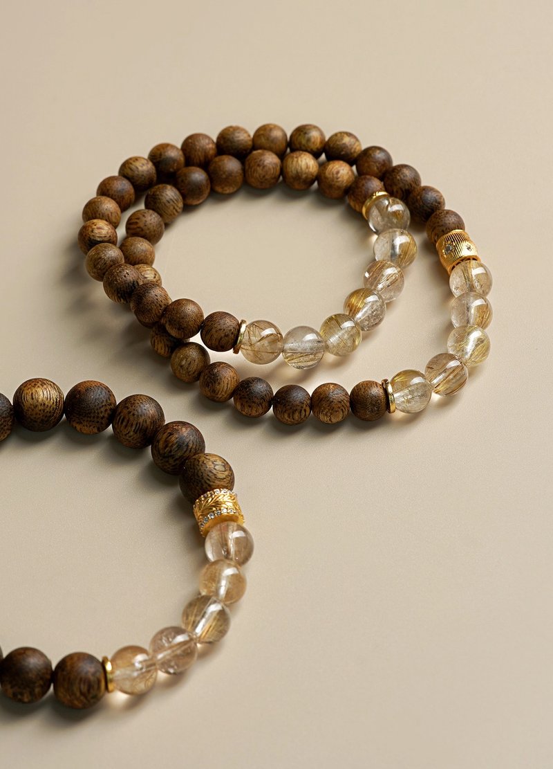 VISHI未時 天然鶯歌綠奇楠沉香鈦金發晶串珠手鏈木質中式復古女 - 手鍊/手環 - 木頭 咖啡色
