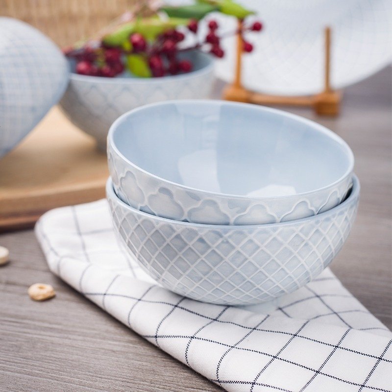 [JOYYE ceramic tableware] Geometry life embossed feet bowl set 2 pieces - Bowls - Porcelain 