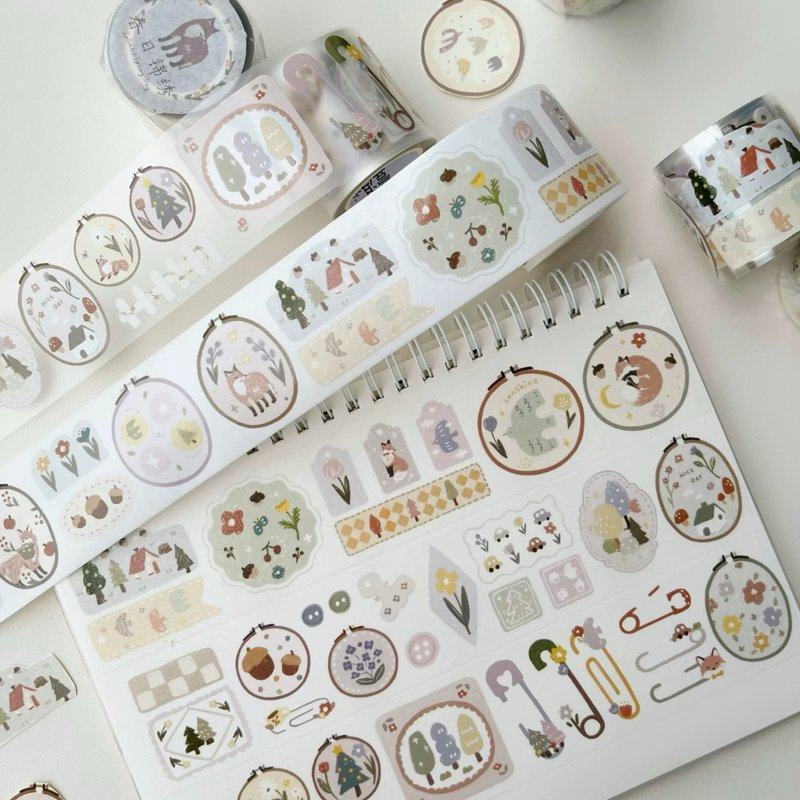 Yi'er Original Store No. 2 [Spring Splendor] Embroidered Animal Forest Salt Washi Tape Light Retro PET - มาสกิ้งเทป - วัสดุอื่นๆ สีเขียว