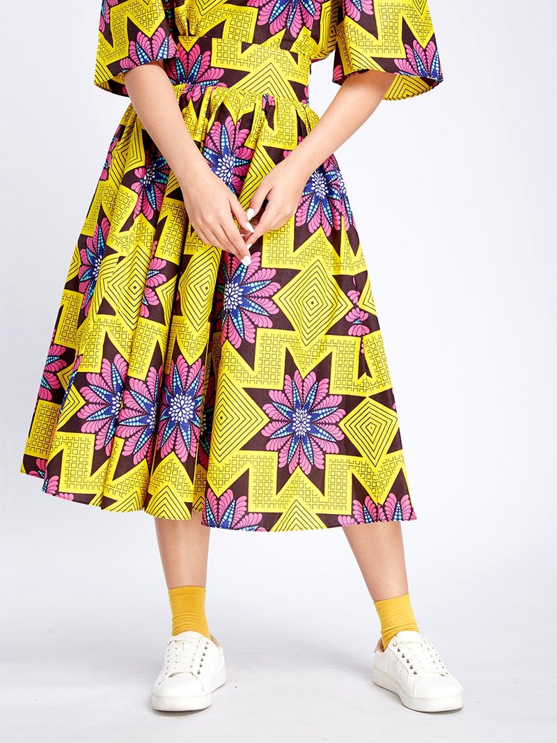 Midi Floral A Line Skirt Yellow - 裙子/長裙 - 棉．麻 黃色