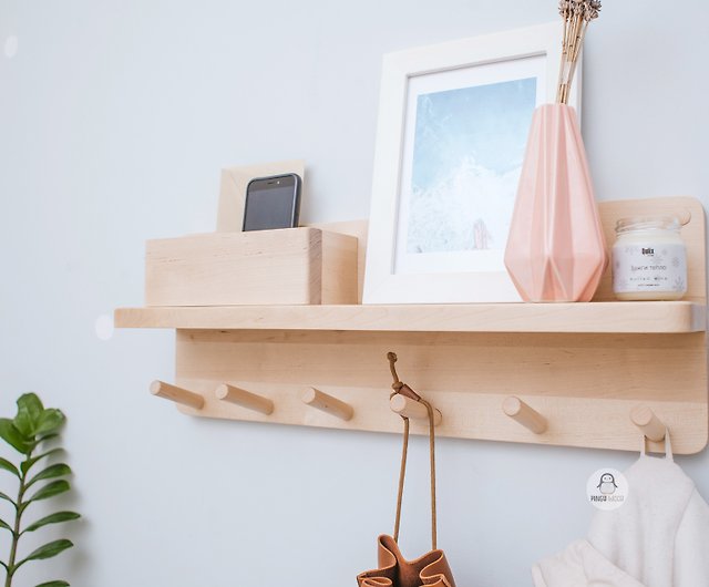 WOODEN FLOATING SHELF WITH CLOTH HOOKS