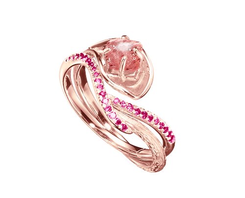 Majade Jewelry Design 粉晶14k粉紅寶石馬蹄蓮結婚戒指組合 海芋花原石密鑲求婚戒指套裝