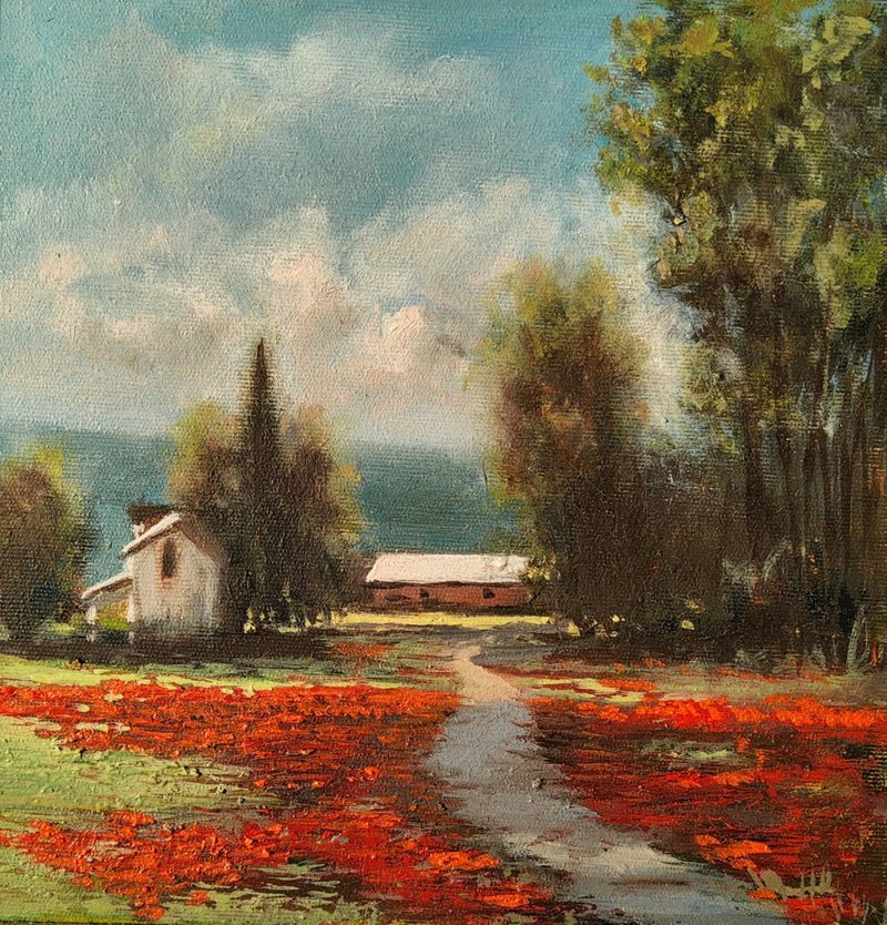 Tuscan Painting Landscape Original Art Canvas Poppy Painting Impressionist Art - 插畫/繪畫/寫字 - 亞麻 