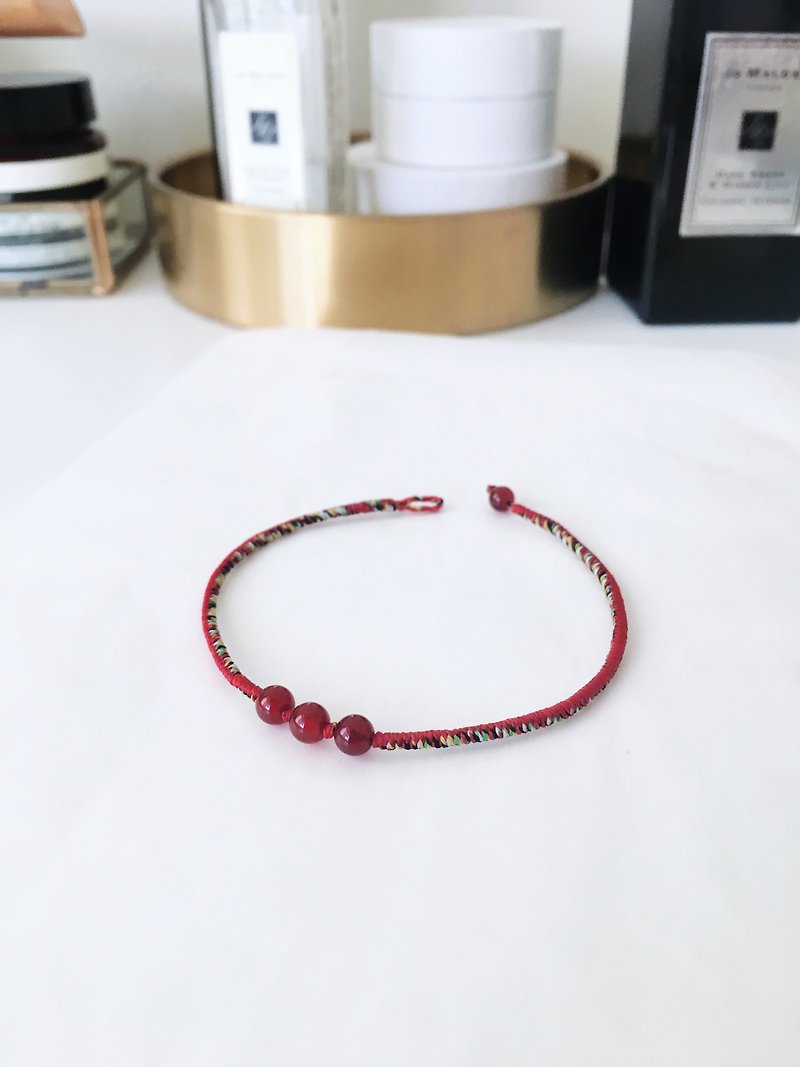Red agate red + five-color hand-made wax line bracelet very thin bracelet prayer amulet lucky rope - สร้อยข้อมือ - วัสดุอื่นๆ สีแดง